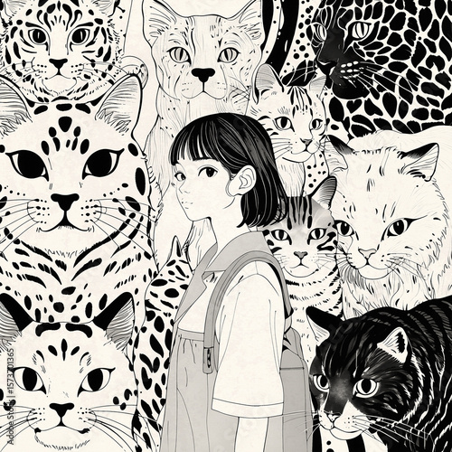 Girl surrounded by cats and leopards. Stylish monochrome drawing with anime vibes and soft digital texture.
