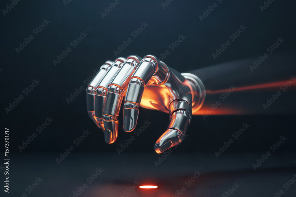 Naklejka premium A photorealistic 3D render of a metallic robotic hand with glowing orange energy flowing through its joints against a dark background.