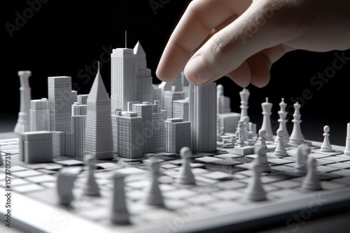 Wallpaper Mural Detailed black and white miniature cityscape with high-rise buildings and chess pieces representing strategic urban planning and city development Torontodigital.ca
