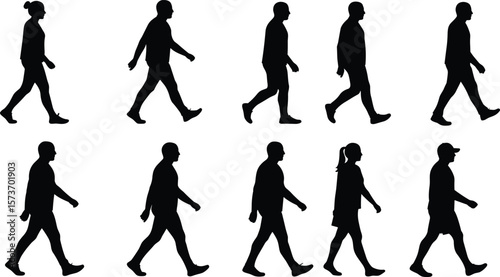 Silhouette people walking side view, male and female figures, black vector illustration, casual walk motion, isolated on white background