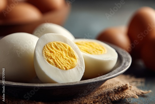 Freshly cooked hard-boiled eggs with yellow yolks and white egg whites on a rustic plate, surrounded by whole eggs in natural light