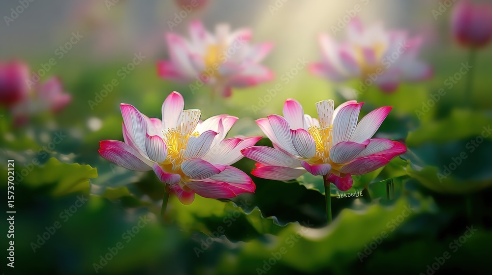 Fototapeta premium Beautiful blooming pink and white water lilies floating on a pond with lush green leaves and soft natural sunlight in a tranquil garden scene