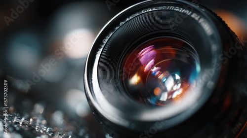 Close-up of a professional camera lens with reflections and colorful light flares on a digital camera for photography and videography equipment