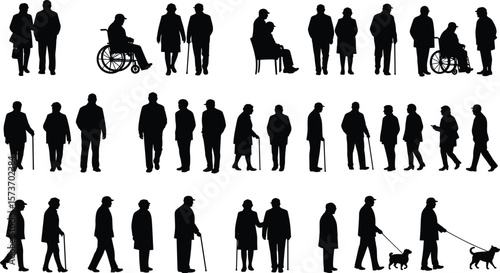 Silhouettes of senior men and women, elderly people walking, sitting, with cane or wheelchair, aging lifestyle concept illustration