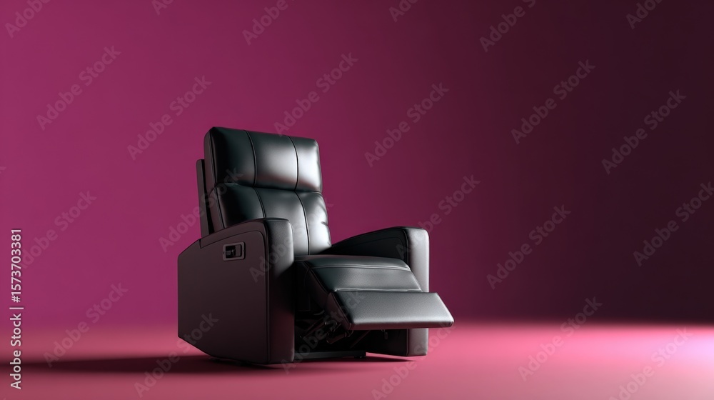 Obraz premium Modern black leather reclining theater chair with adjustable footrest and high backrest against a pink background suitable for cinema or entertainment spaces