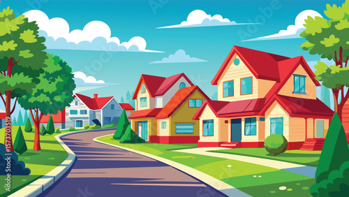 Cartoon illustration of suburban houses with red roofs and a winding road