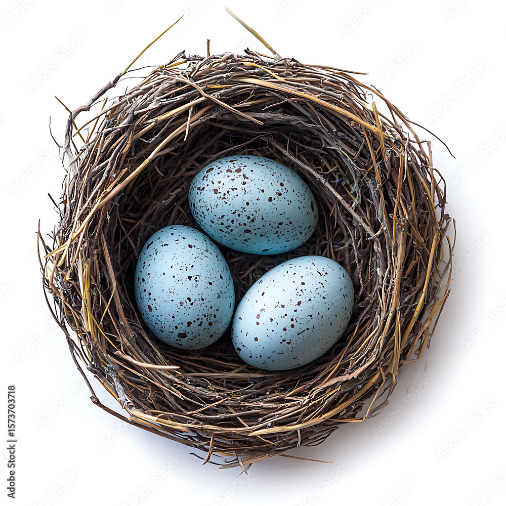 Obraz premium Close-Up of Brown Bird's Nest Holding Three Blue Speckled Eggs