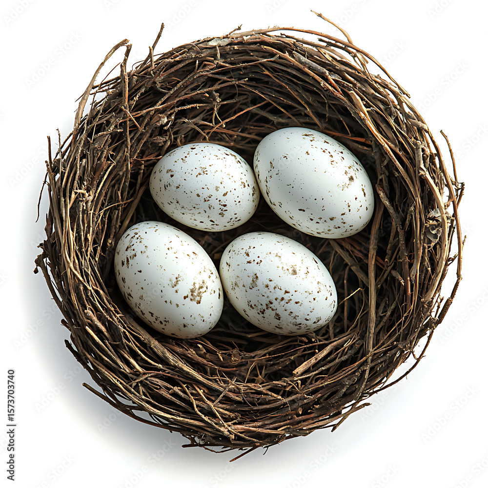 Obraz premium Close-Up of a Nest with Four Lightly Speckled White Eggs