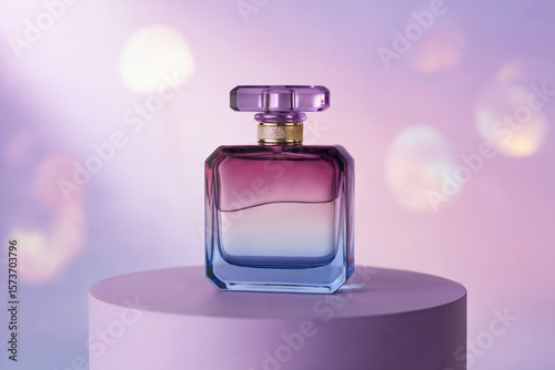 A product photography shot of a luxury perfume bottle on a purple circular pedestal against a soft bokeh background. 