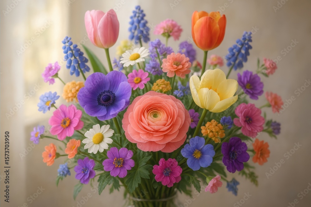Fototapeta premium Vibrant spring flower bouquet with mixed seasonal blooms in soft natural lighting and artistic arrangement