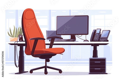 Cartoon illustration of a desk with a computer, a phone and a red chair