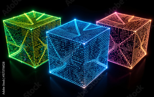Three illuminated cubes with intricate led patterns in green blue and pink on a black background