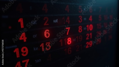 Close-up of a digital calendar display showing dates and numbers.