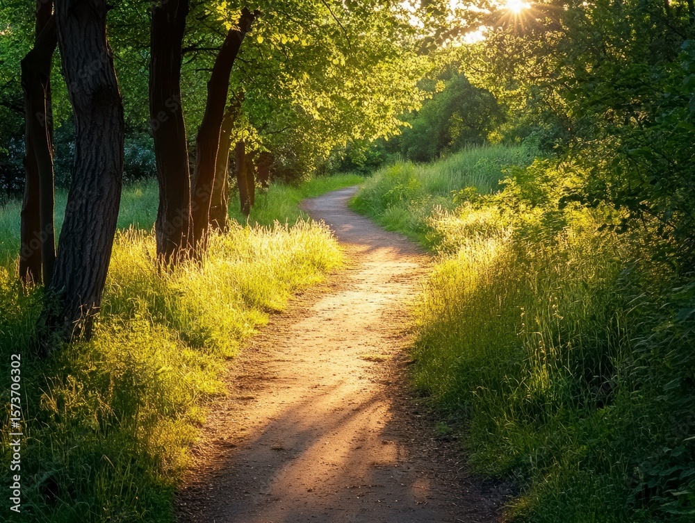 Naklejka premium Peaceful Nature Pathway Surrounded by Lush Green Trees in Sunrise