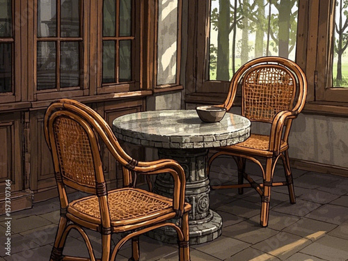 A table and chairs that look like they came from the past with rattan woven backrests and a natural stone patterned table.