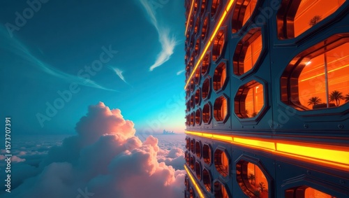 Futuristic skyscraper above clouds at sunset.