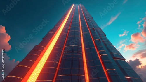 Modern skyscraper with vibrant lighting.