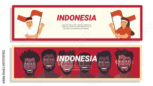 Two creative horizontal banners with waving flags and portraits for Indonesia Independence Day