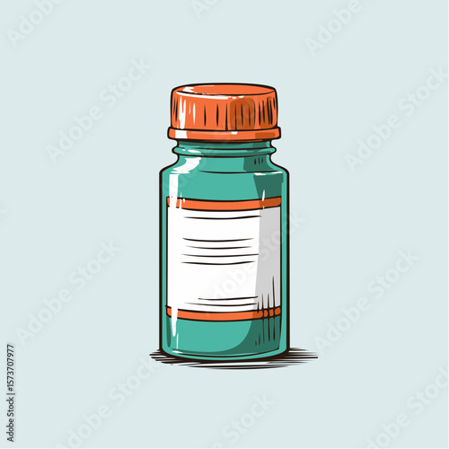 hand-drawn pill bottle icon in flat design with simplified details and smooth clean lines