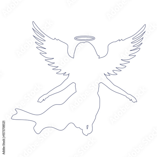 Fantasy woman angel soars in the air with huge bird wings. Girl in levitation flies. Lady goddess in dress, fabric waving fluttering in motion