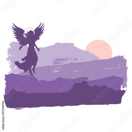 Fantasy woman angel soars in the air with huge bird wings. Girl in levitation flies. Lady goddess in dress, fabric waving fluttering in motion. Brush paint backdrop