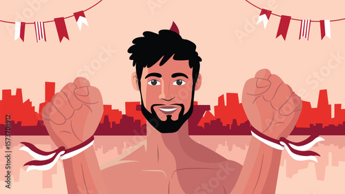 Handsome man raising fists with city skyline celebrating Indonesia Independence Day