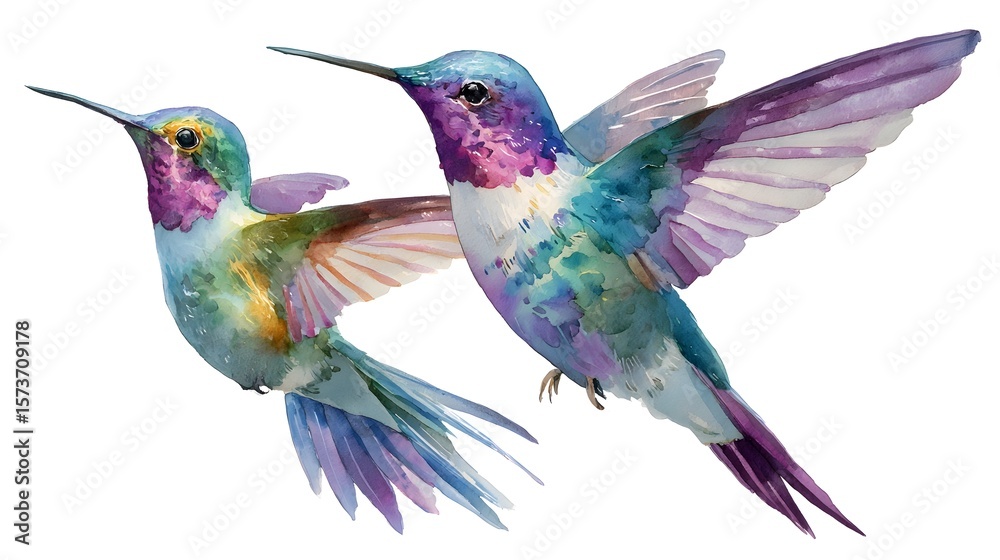 Fototapeta premium Vibrant watercolor of two tropical hummingbirds in flight showcasing their stunning iridescent feathers against a transparent backdrop