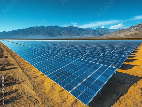 Vast Solar Panel Installation Under Bright Blue Sky in Desert Landscape