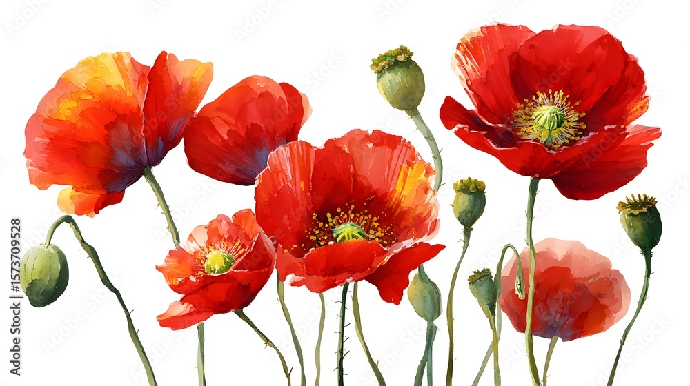 Obraz premium Vibrant vivid red poppy flowers against a transparent background rendered in a watercolor style