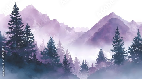 A tranquil watercolor painting depicting a serene mountain landscape with layered purple peaks dense pine forests and a soft ethereal mist creating a peaceful atmospheric scene