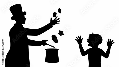 Silhouette of a magician performing a trick for a child with shapes floating above the hat and excitement