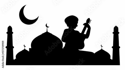 Silhouette of a musician playing a stringed instrument in front of a mosque under a crescent moon scene