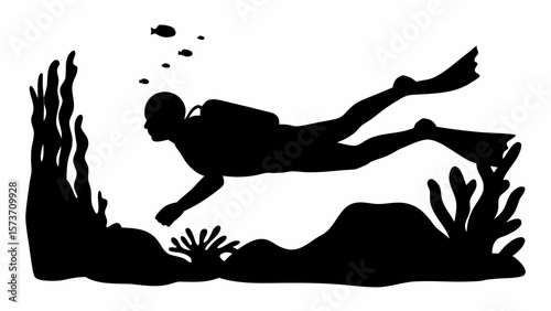 Silhouette of a scuba diver swimming underwater with coral reefs and small fish in a monochrome scene