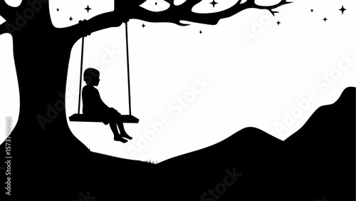 Silhouette of a child on a swing hanging from a tree with mountains and stars in the background scene
