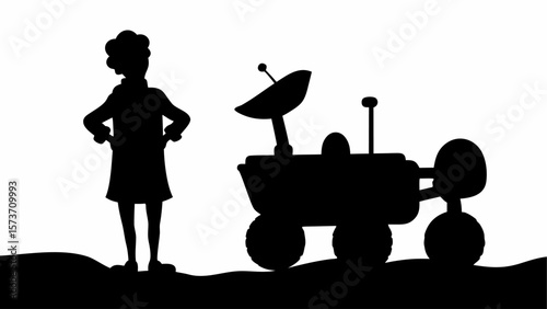 Silhouette of a woman standing next to a lunar rover with a satellite dish on a white background