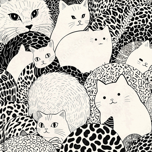 Cat pattern in black and white. Cute faces, wild and domestic cats in a bold, graphic art style. Modern and playful.