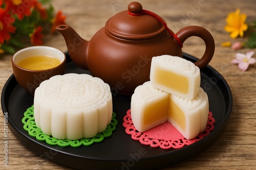 Bánh trung thu dẻo-snow skin mooncakes in white- traditional moon cakes at mid-autumn festival