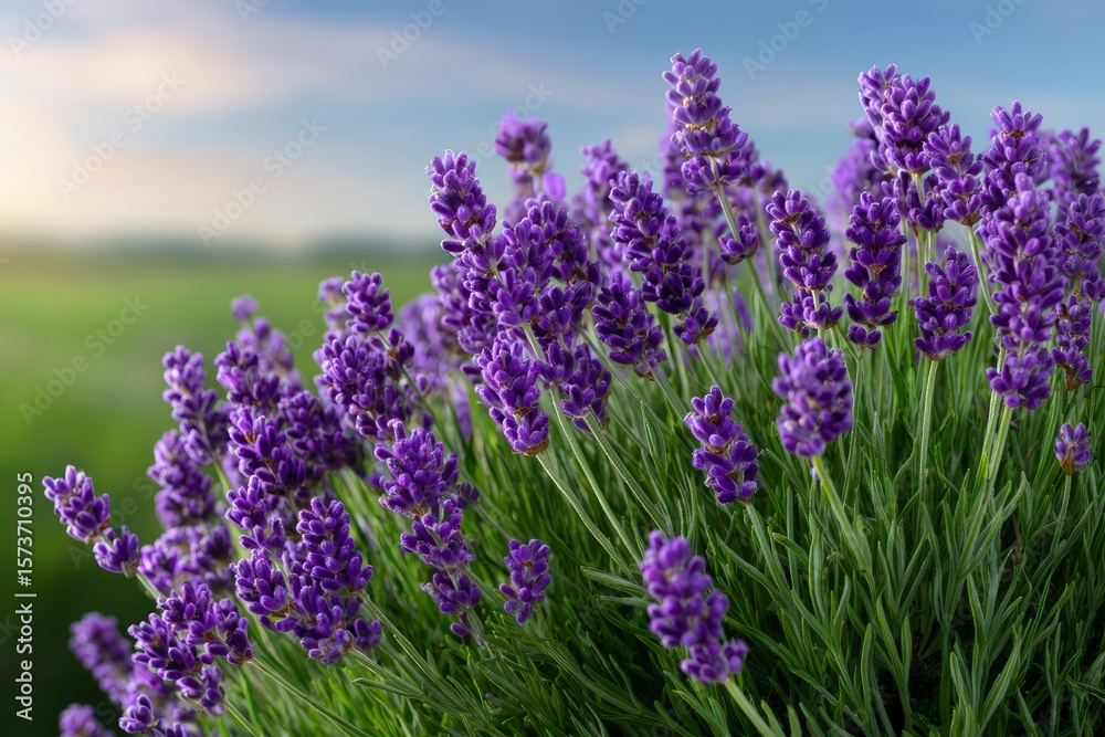 Obraz premium Closeup of vibrant purple lavender flowers in full bloom against a blurred green field and blue sky
