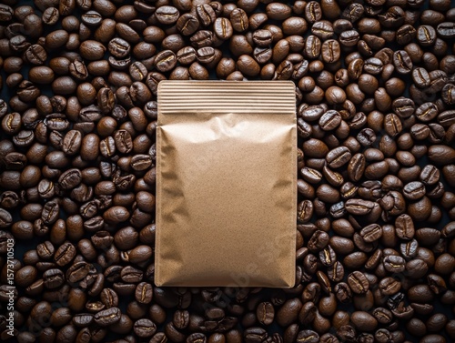 Brown Coffee Bag Surrounded by Roasted Coffee Beans Background
