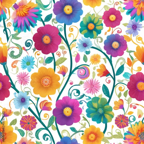 Wallpaper Mural A vibrant and whimsical floral seamless pattern featuring a lively arrangement of colorful blooms in a rainbow of hues with curling stems and elements on a bright white background Torontodigital.ca