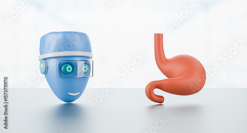 Advanced gastric medicine concept. 3D illustration of a medical robot interacting with a digital stomach.