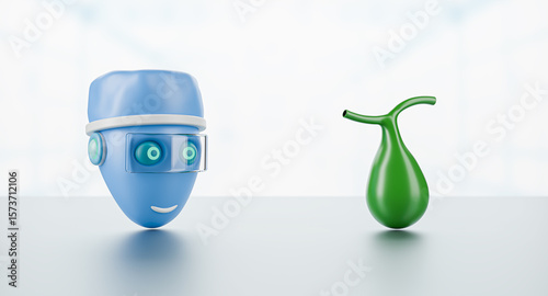 Advanced digital gastroenterology. 3D illustration of a medical robot interacting with a digital gallbladder.
