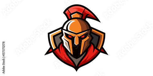 Spartan Helmet Logo Design with Red Cape, Warrior Face, Gladiator Armor, Esports Mascot, Strong Character, Bold Vector Illustration