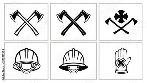 Crossed axes helmets and gloved hand icons symbol