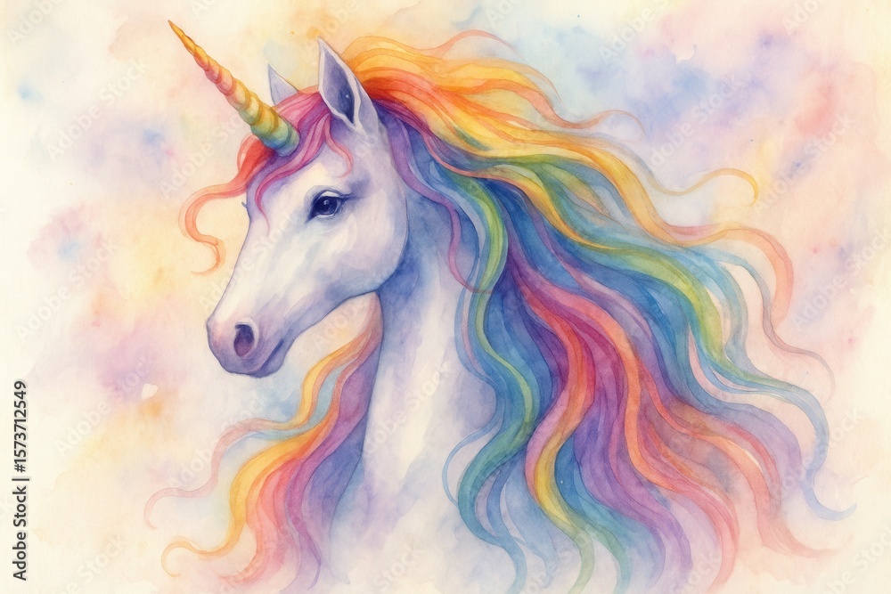 Fototapeta premium Magical watercolor unicorn with rainbow mane isolated on white background