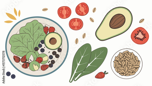 Healthy eating salad bowl with avocado tomatoes spinach berries and grains for a nutritious diet plan