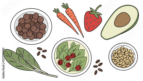 Healthy eating vegan food illustration with fresh vegetables and fruits for balanced diet concept
