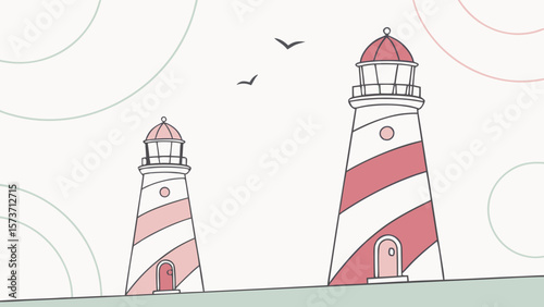 Coastal lighthouses illustration with birds flying in the sky for nautical themed designs and backgrounds