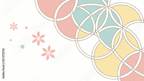 Pastel circles and flowers background design, abstract geometric pattern, soft colors, floral art, spring theme