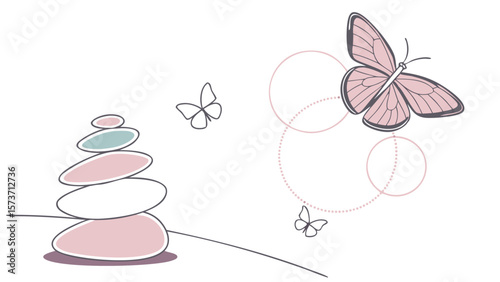 Zen stones and butterfly illustration for spa relaxation and meditation peacefulness and mindfulness concept
